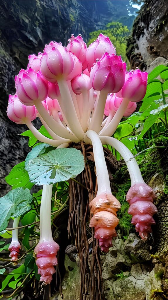 Rock Lotus Plant with pink buds and thick white stems growing on rocky terrain.