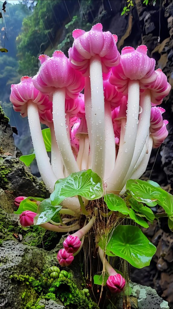 Rock Lotus Plant with pink blooms and tall white stems growing on rocky terrain.