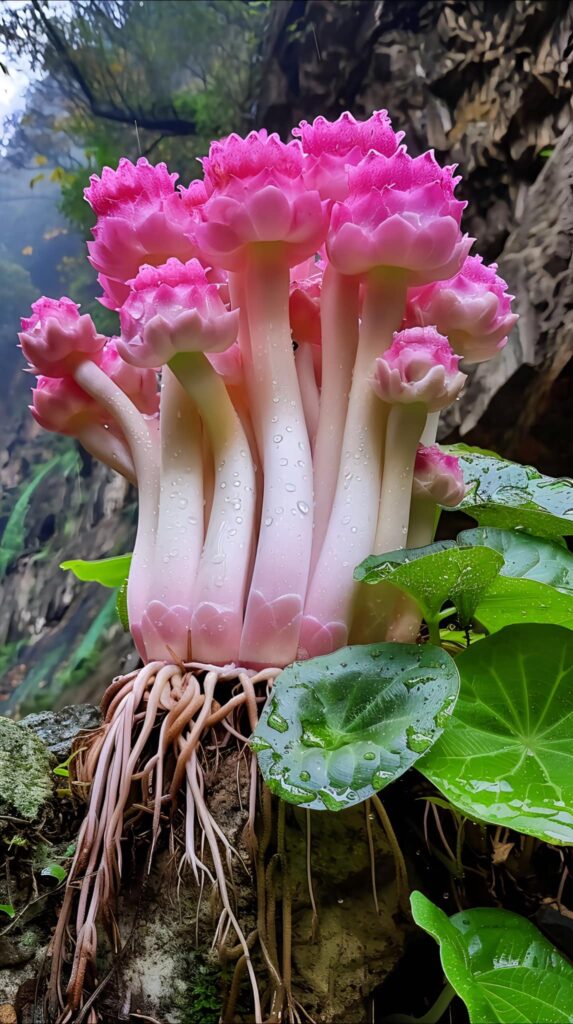 Rock Lotus Plant with pink blooms and white stems on a rocky landscape.