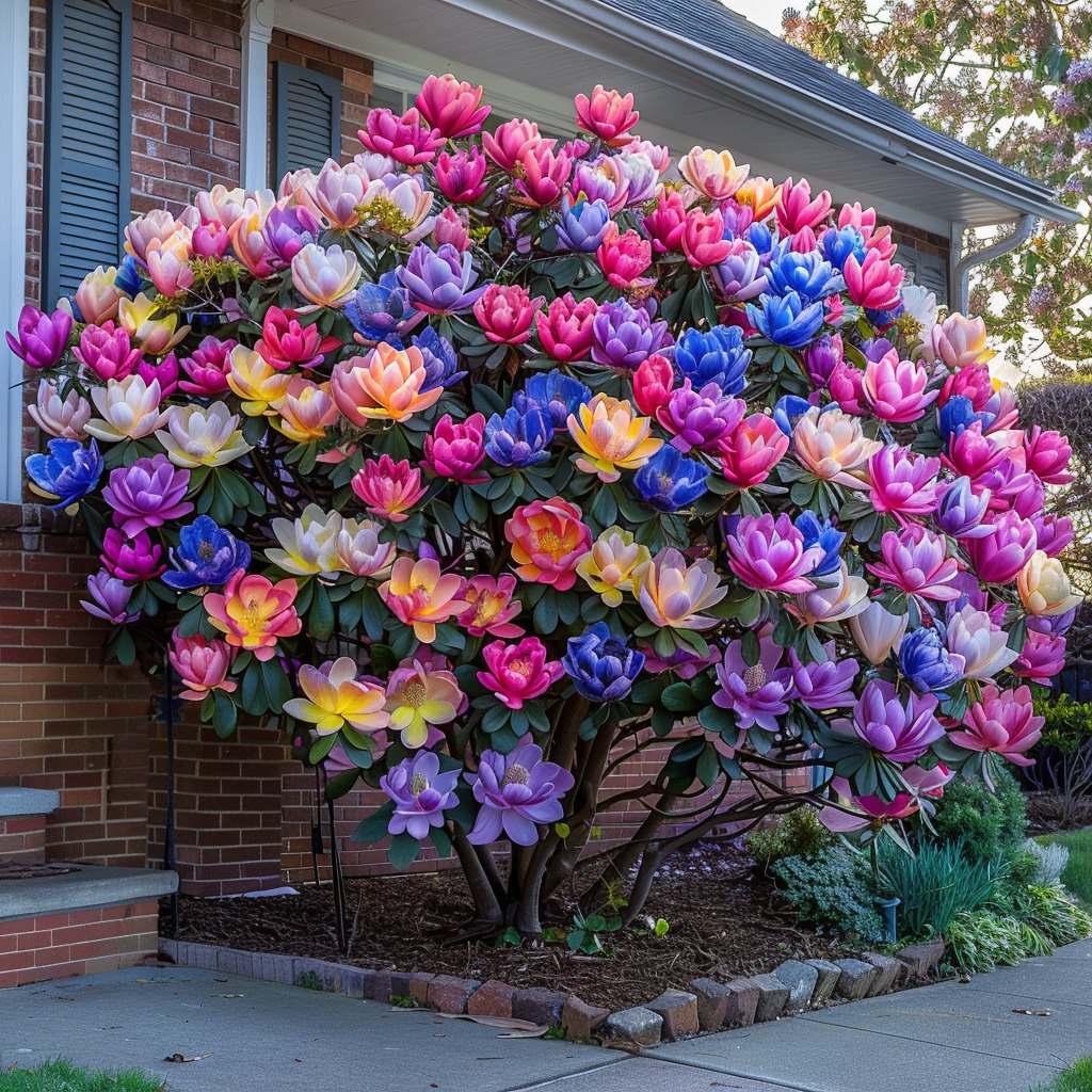 Beautiful Multicolor Magnolia Tree 'Rainbow Bloom' with vibrant blossoms in various shades of pink, blue, yellow, and purple.