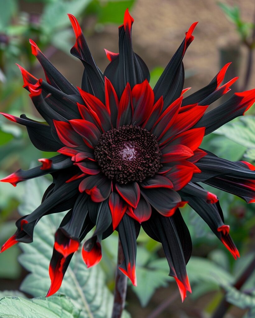 Black and red Dahlia flower with sharp, pointed petals