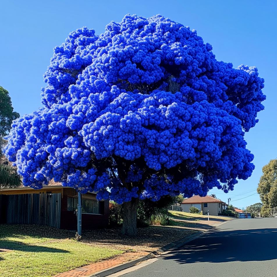 Brilliant blue flowering tree on a suburban street