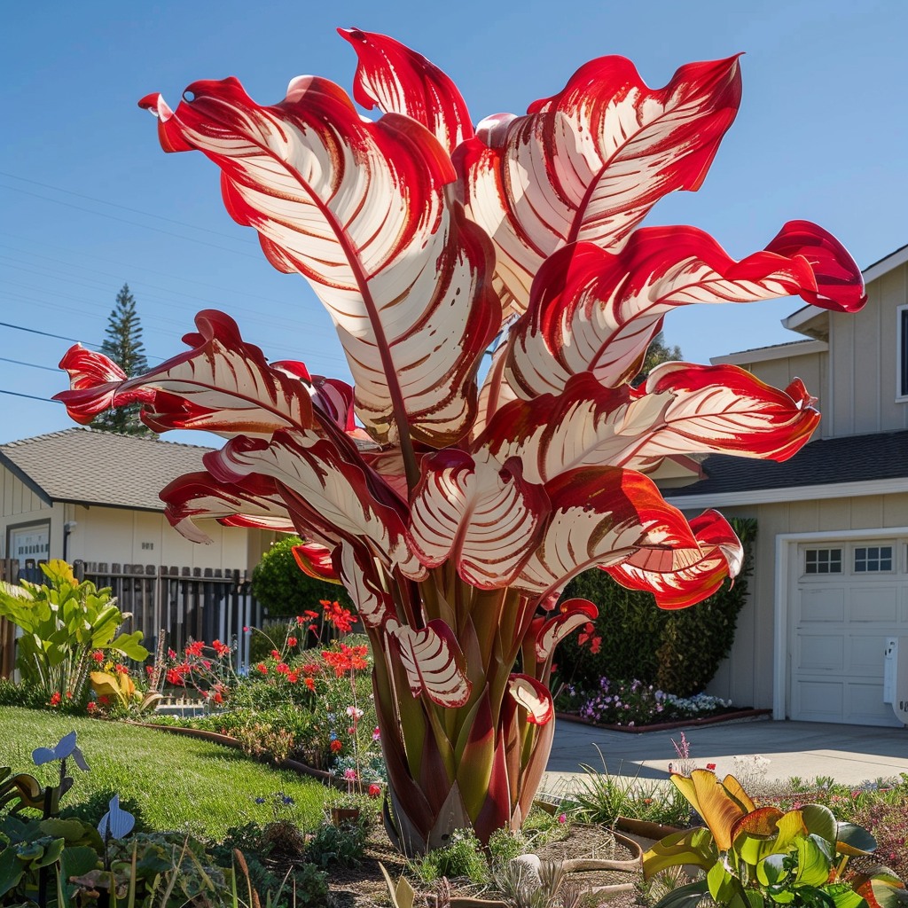 Red and white Elephant Ear Plant in a front yard garden