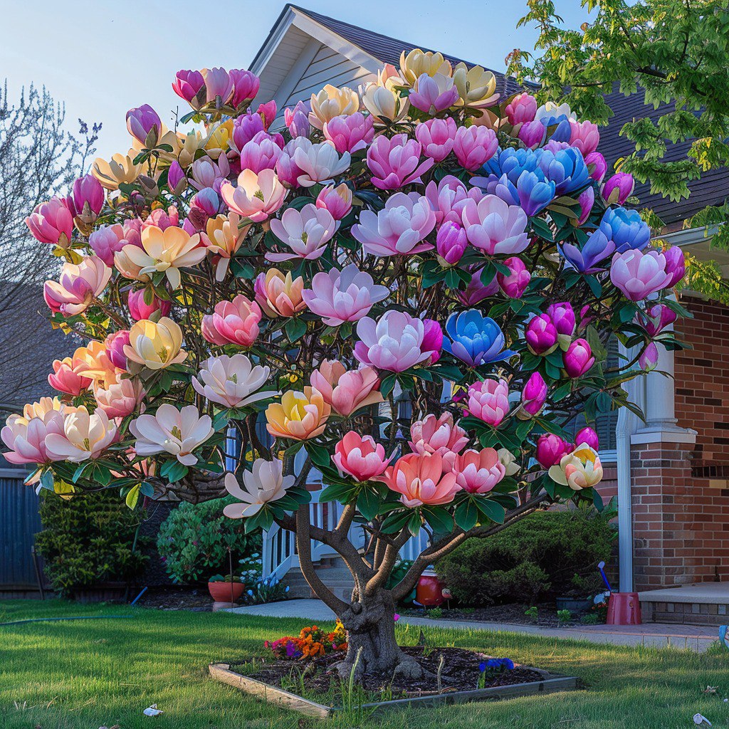 Beautiful Magnolia Tree 'Rainbow Bloom' with vibrant multicolored blossoms in a front yard.