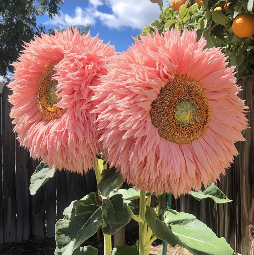 Two giant pink Teddy Bear Sunflowers blooming in a sunlit garden