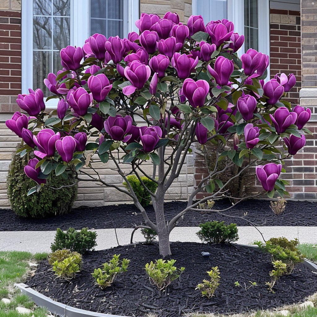 Beautiful Purple Magnolia Tree 'Majestic Bloom' with vibrant purple blossoms in front of a suburban house.