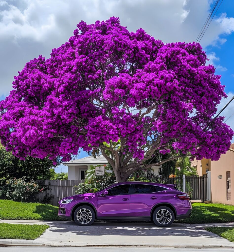 Bright purple tree and matching purple car in a suburban neighborhood