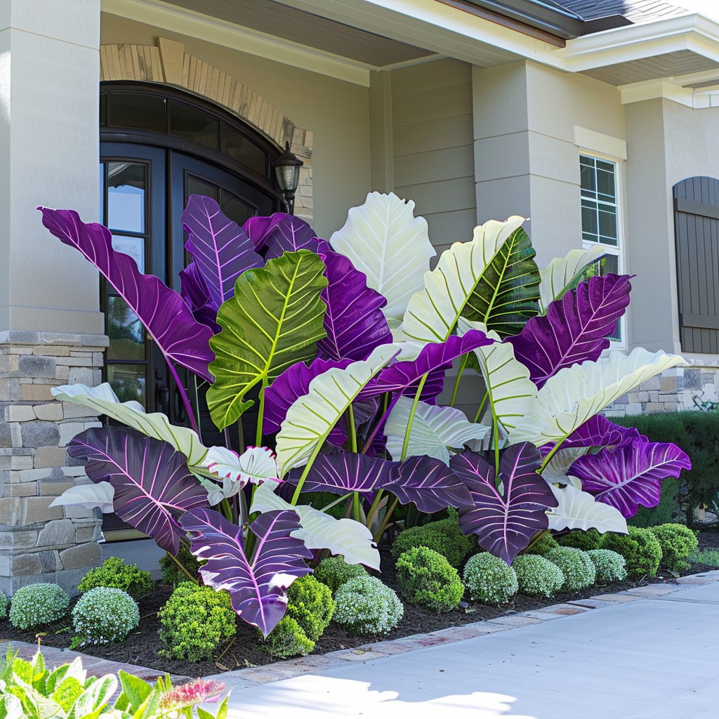 Large purple and green Elephant Ear Caladiums in a front yard landscape.