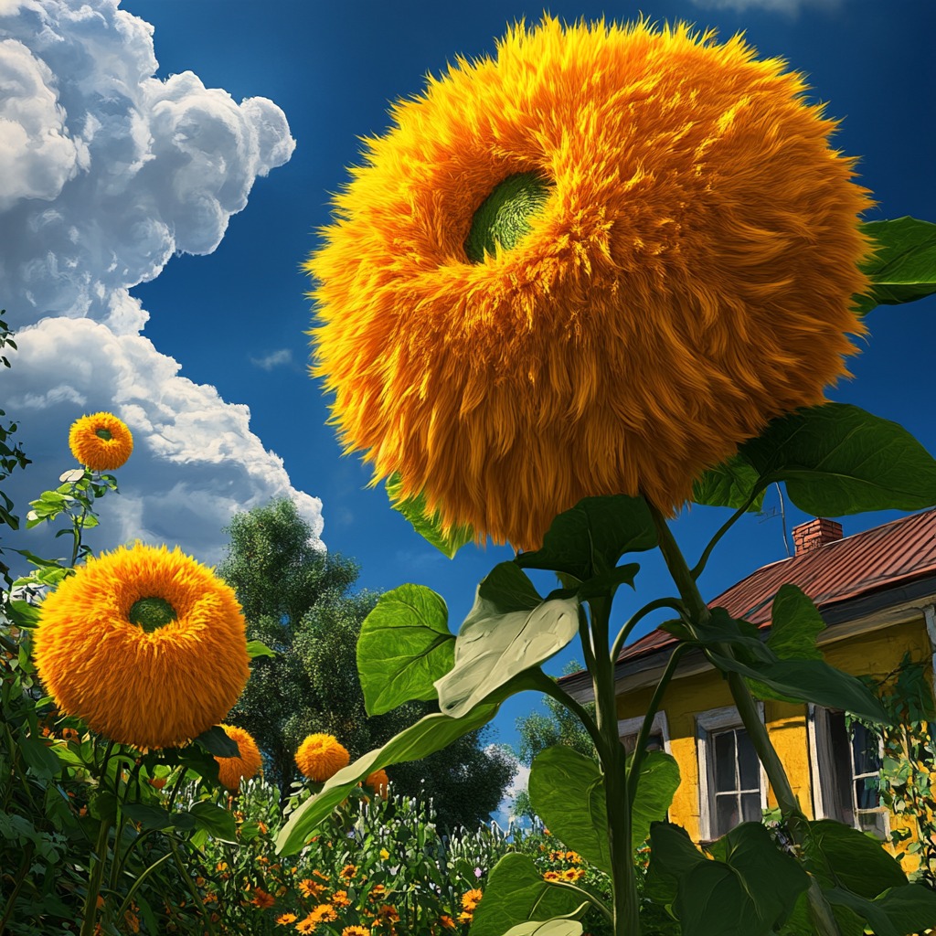 Fluffy Teddy Bear Sunflowers blooming in a vibrant garden on a sunny day.