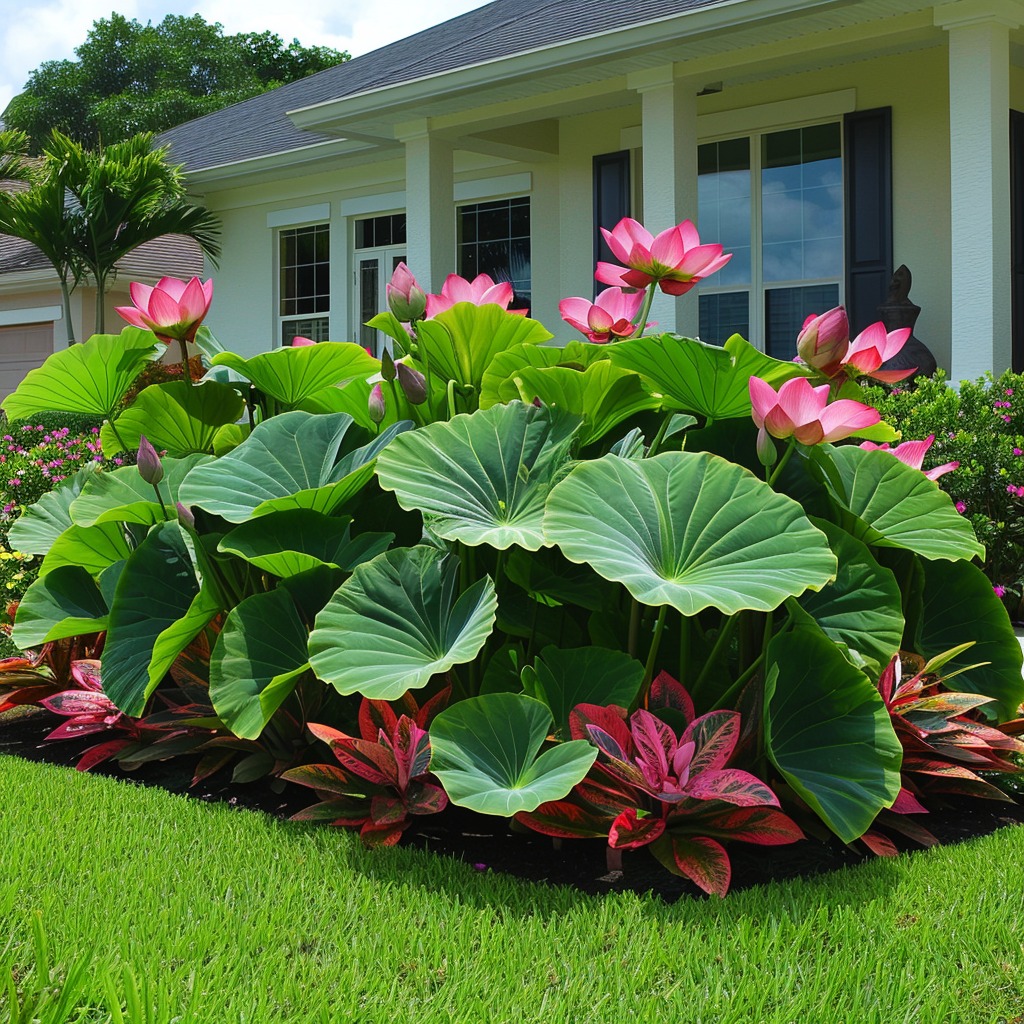 Tropical Lotus Garden with vibrant pink flowers and large green leaves in front of a house