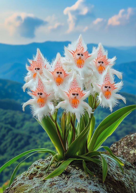 Fluffy flowers resembling small faces with mountain backdrop