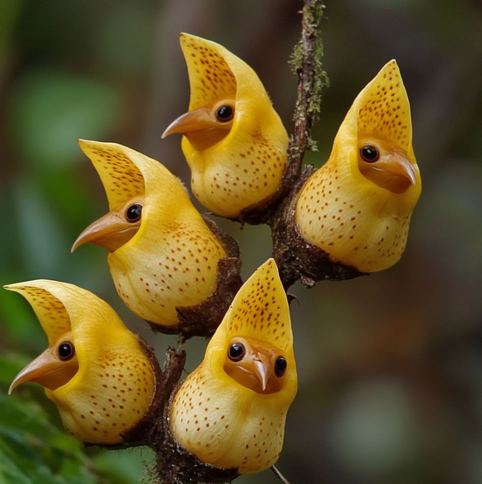 Yellow Parrot-like Orchid Flowers in a Cluster