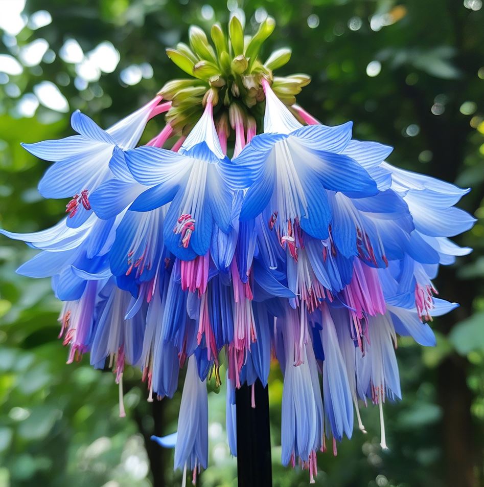 Close-up of a vibrant blue and pink Hanging Lobelia flower with cascading petals in a lush garden setting