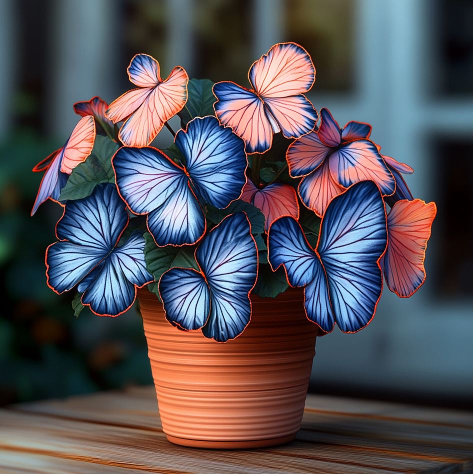 Butterfly Begonia plant with striking blue and orange flowers in a terra-cotta pot