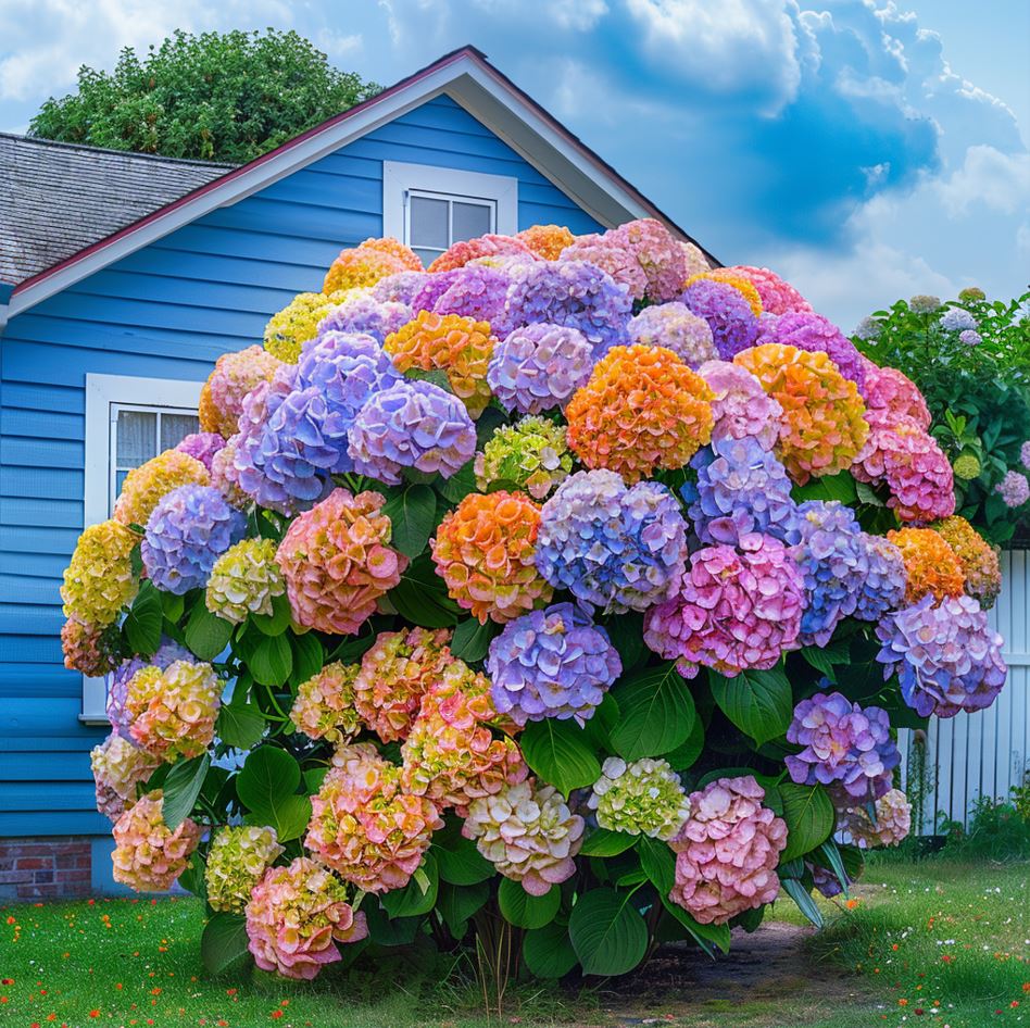 Huge Hydrangea Bush 'Pastel Dream' in Front of a Blue House.