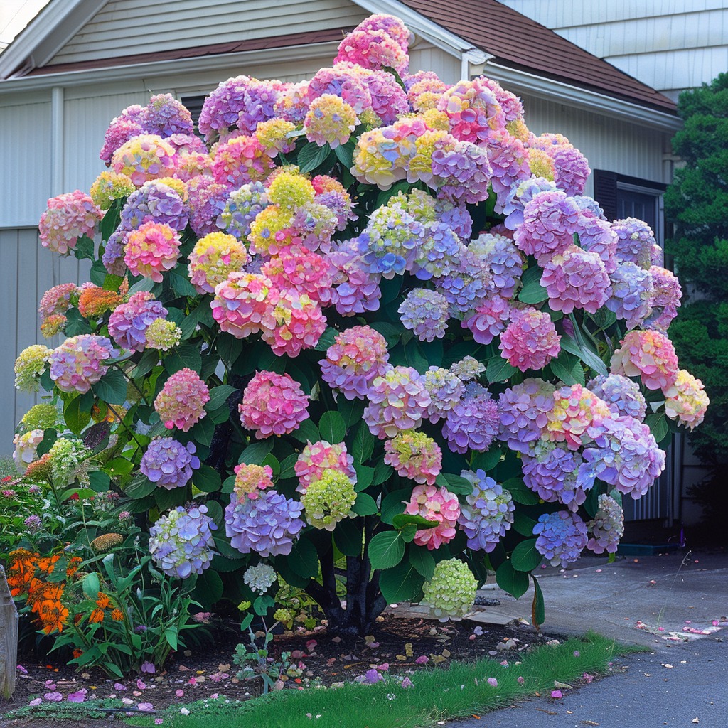  Multi-colored Hydrangea bush in a front yard garden