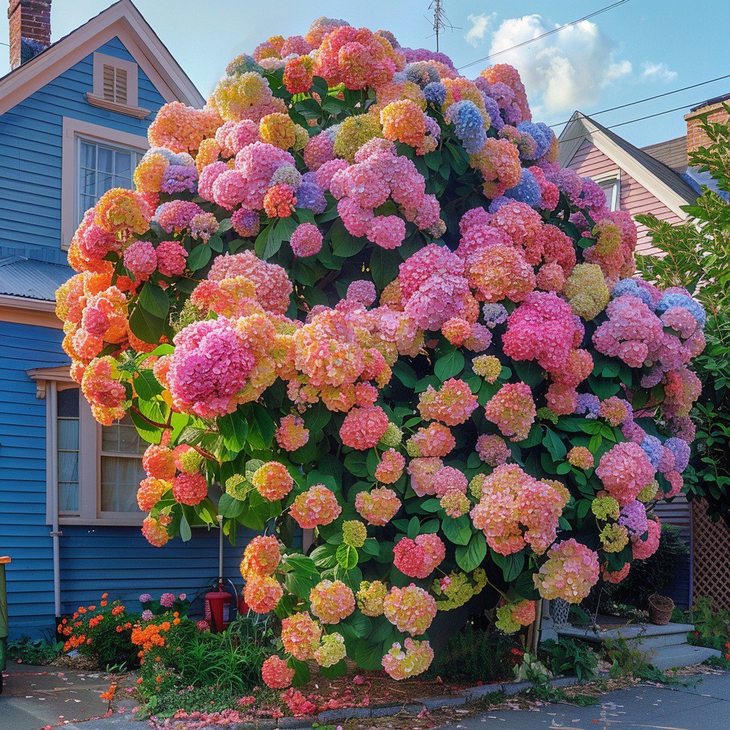  Multi-colored Hydrangea bush in front of a house