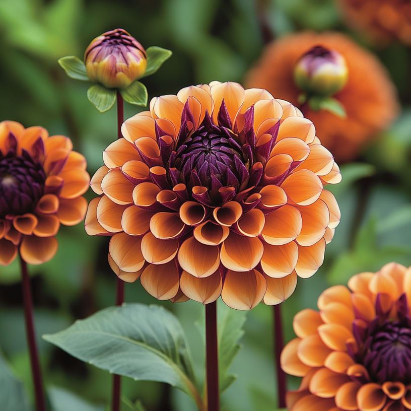 Orange flowers with deep purple centers and layered petal formation