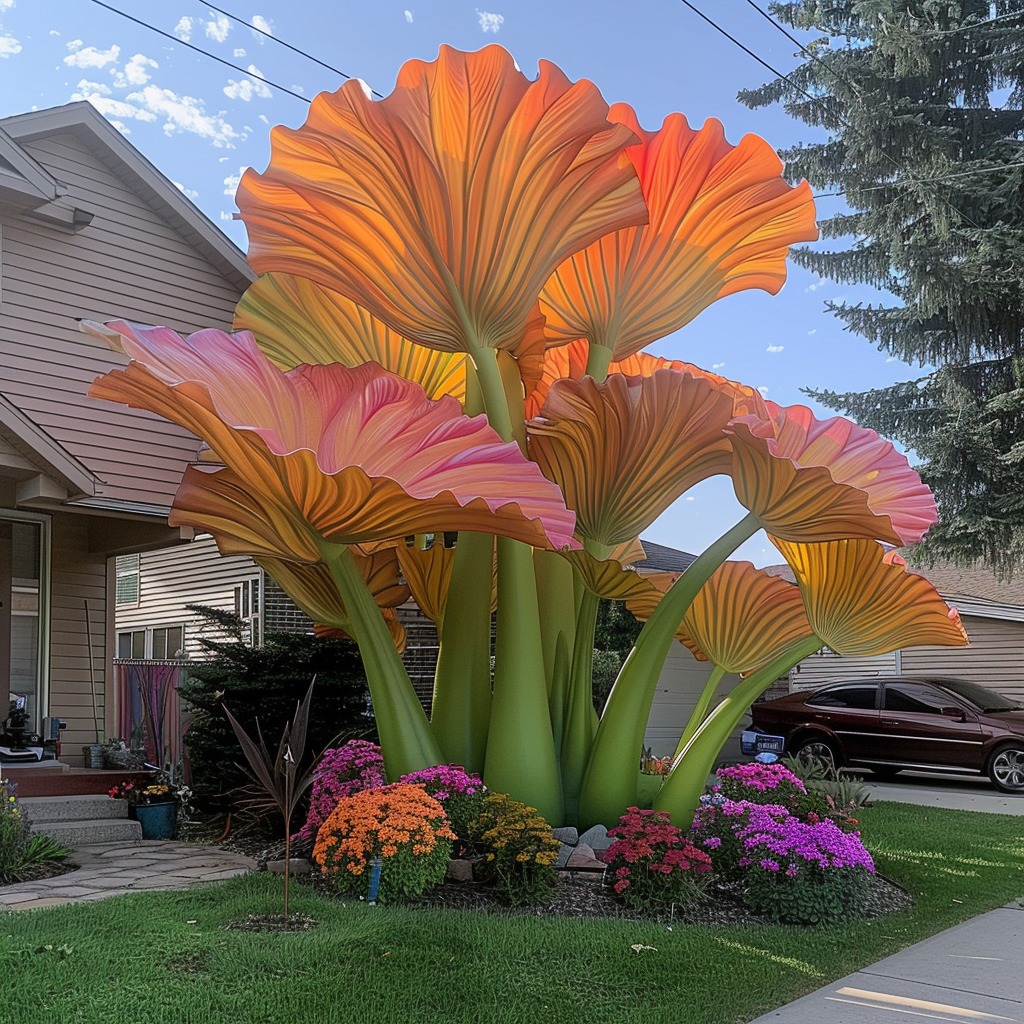 Large orange and pink Elephant Ear Caladium plants in a residential garden.