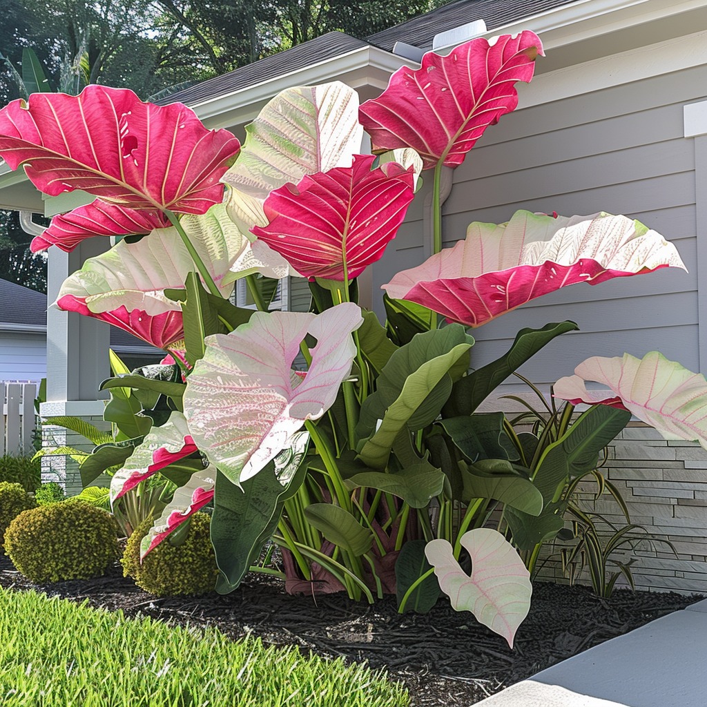 Pink and white Elephant Ear Plant in a garden bed near a house