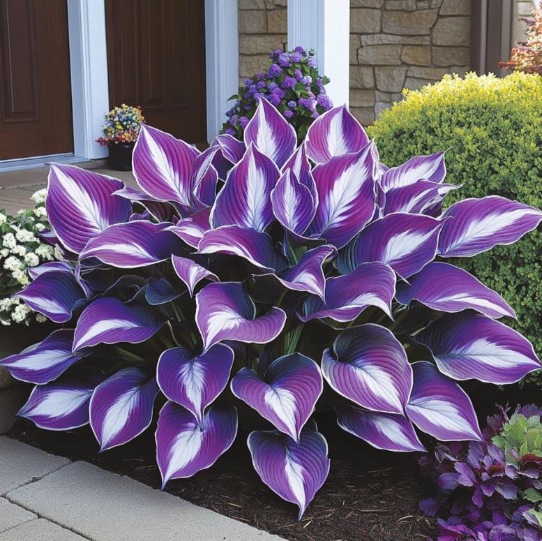 Purple and white Hosta plant in a garden near a home entrance.