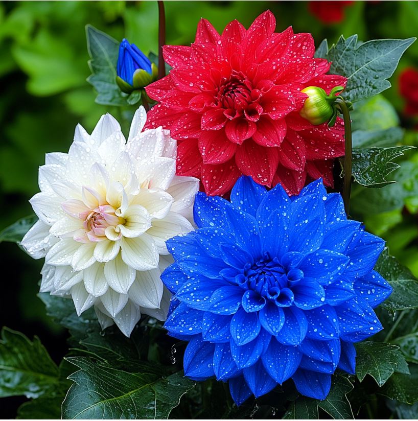 Red, white, and blue flowers with layered petals and dewdrops