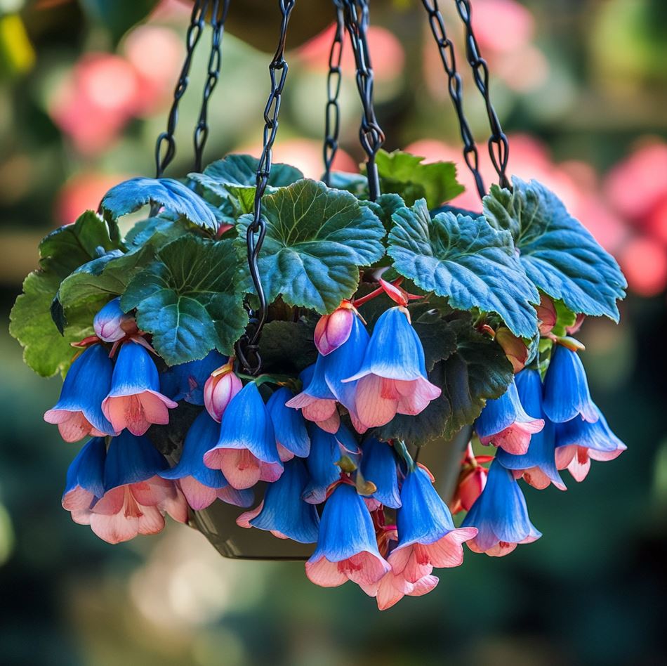 Hanging Pot of Weeping Begonia Flowers with Blue and Pink Blooms