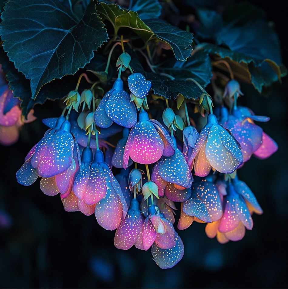 Weeping Begonia with blue and pink gradient flowers in a hanging pot