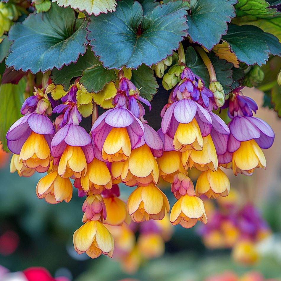 Weeping Begonia with purple and yellow gradient flowers in a hanging pot