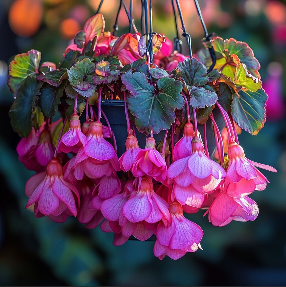 Weeping Begonia with cascading vibrant pink flowers