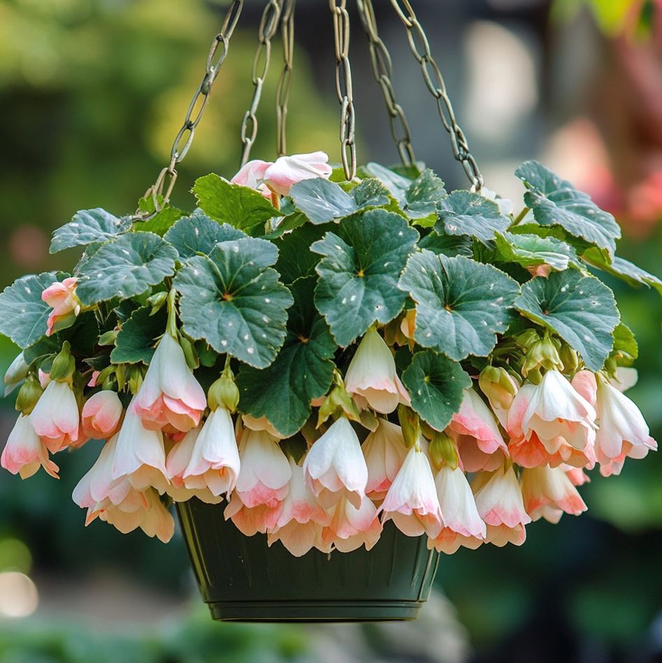 Weeping Begonia with cascading white and pink flowers