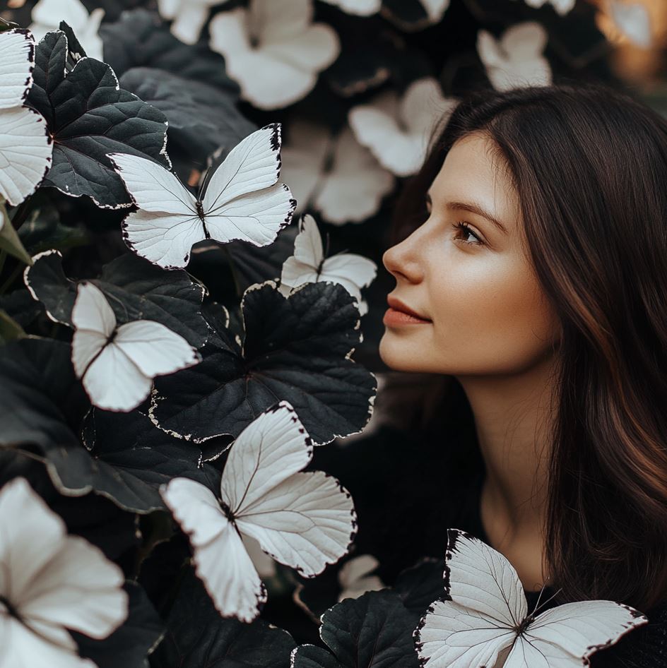 A woman admiring the delicate white Butterfly Begonia flowers with dark foliage