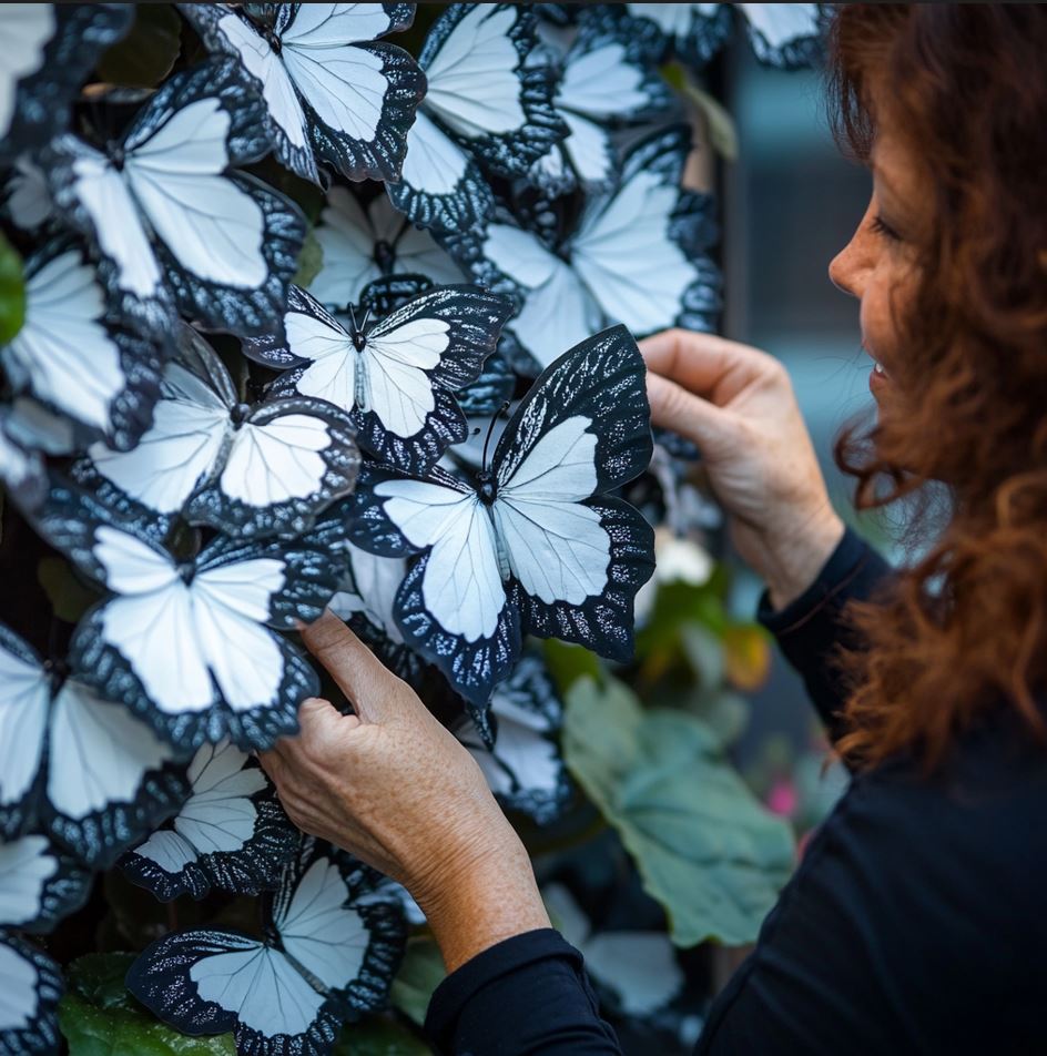 A woman closely examining a Butterfly Begonia plant with striking white and black-edged flowers