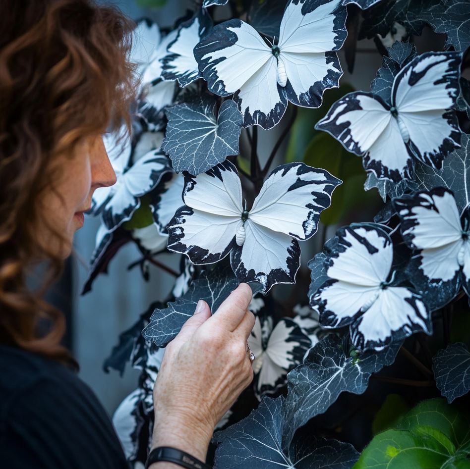 A woman closely examining a Butterfly Begonia plant with striking white and black-edged flowers