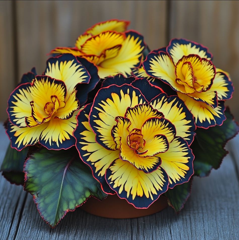 Yellow Neon Begonia with Dark Edged Petals in a Pot