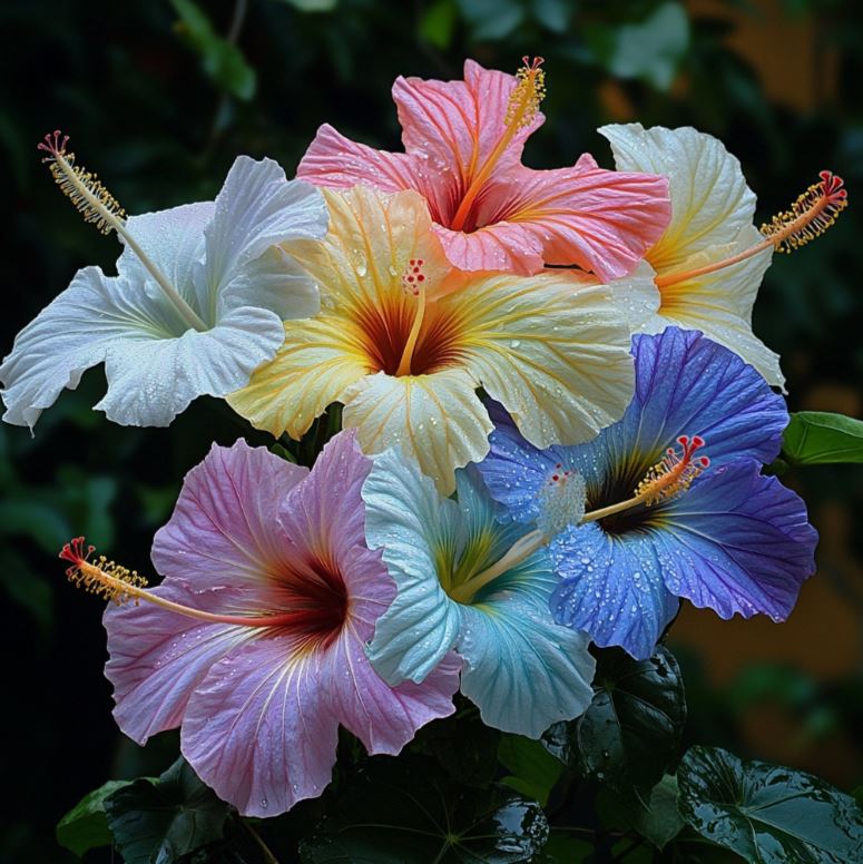 Multicolored Hibiscus Flowers with Dew