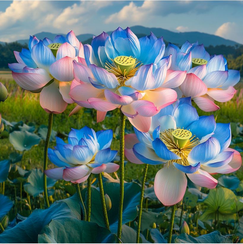 Blue and Pink Lotus Flowers in a Vibrant Bloom Against a Mountain Background