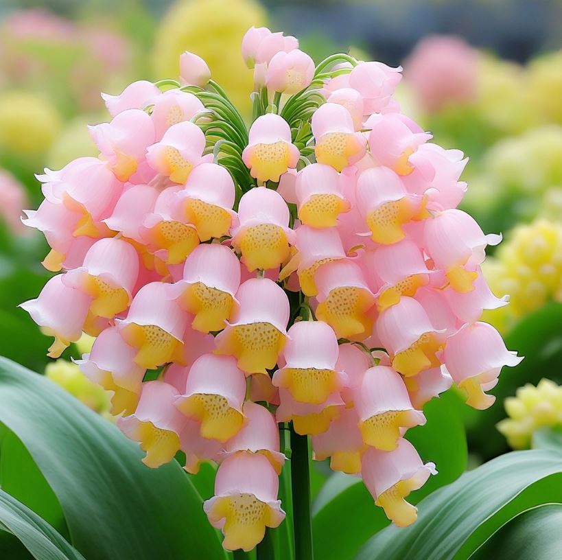 A delicate cluster of pink and yellow Lily of the Valley flowers surrounded by lush green leaves