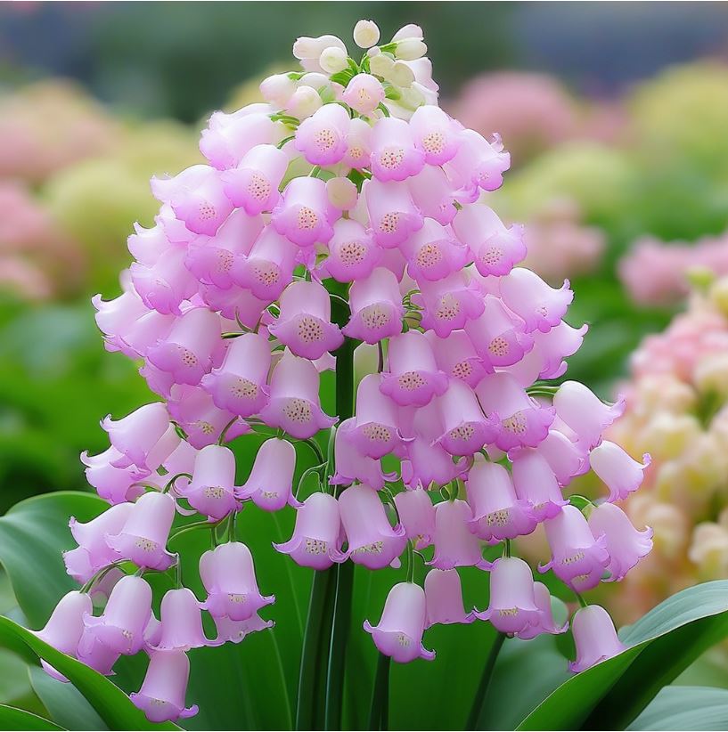 A cluster of soft pink Lily of the Valley flowers arranged in a cascading form, surrounded by lush green leaves.