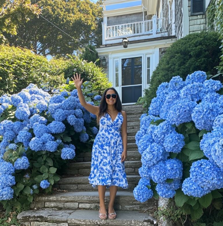 Woman Standing on Steps Surrounded by Blue Hydrangeas