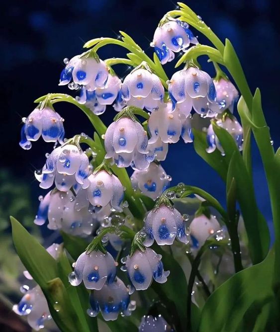 Blue and White Lily of the Valley Flowers with Dewdrops at Night