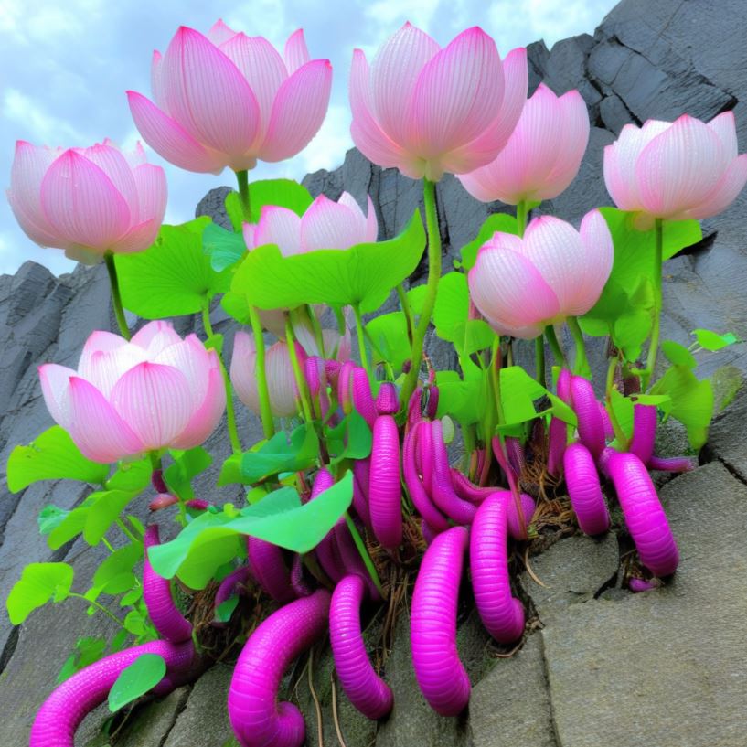 Mystical Rock Lotus with pale pink-edged flowers and vibrant magenta roots growing on a rocky surface, with lush green leaves