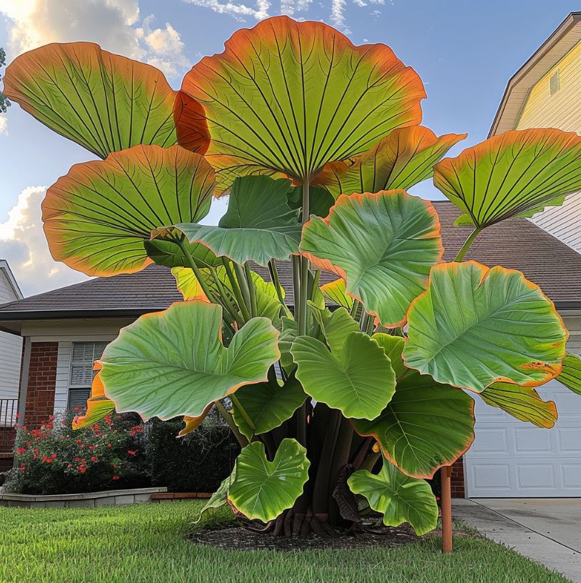 Vibrant Colocasia gigantea in Front Yard with Orange Leaf Highlights