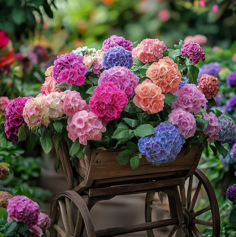 Vibrant Hydrangea Flowers in a Rustic Wooden Cart