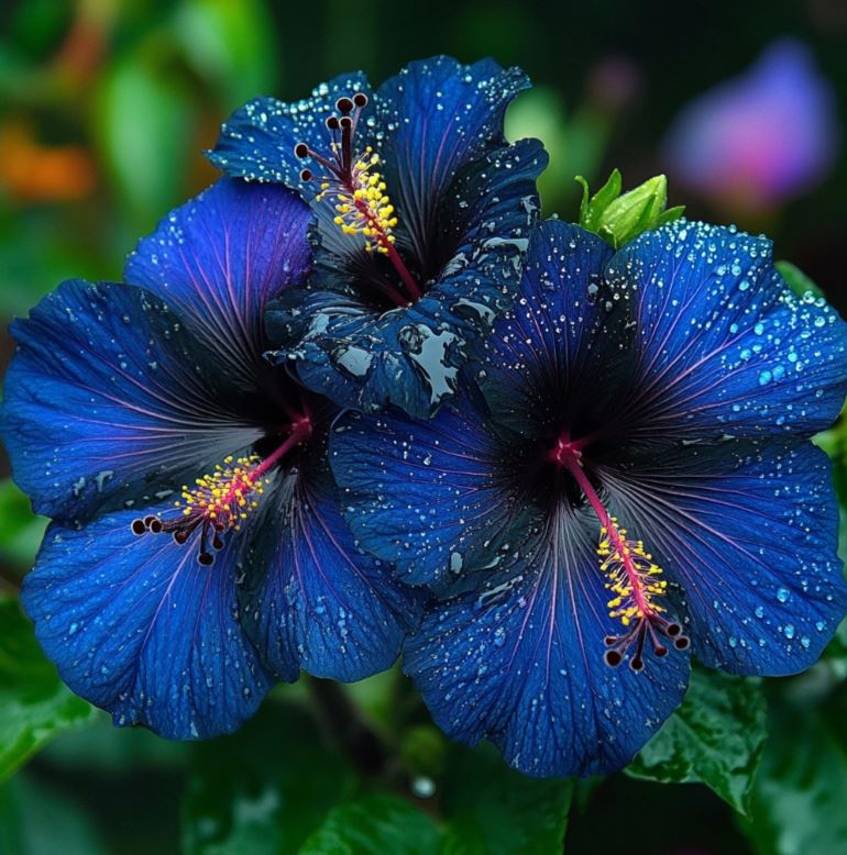 Dark Blue Hibiscus Flowers with Dewdrops