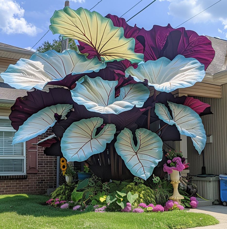 Giant Colocasia plant with white, green, and purple leaves in a landscaped front yard