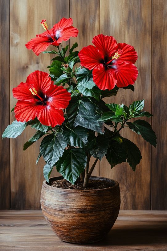 Red Hibiscus Plant in Wooden Pot