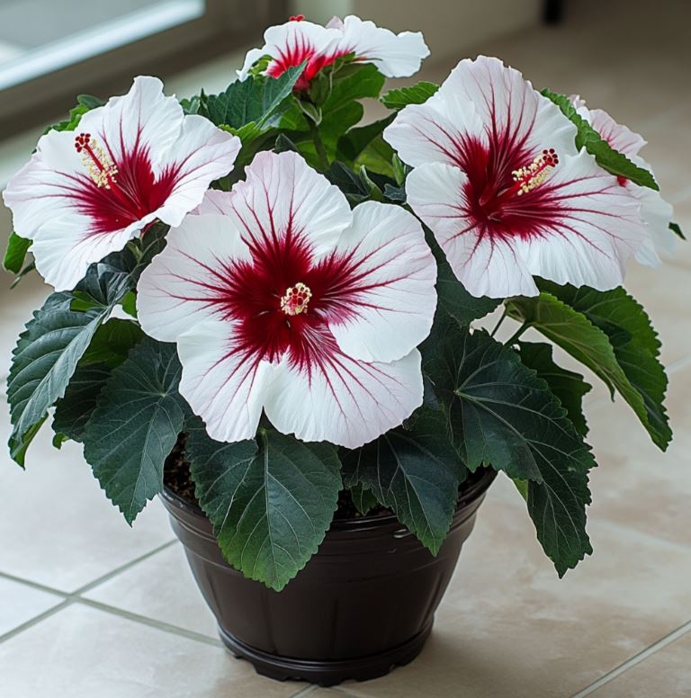 Potted Hibiscus with White Flowers and Red Centers