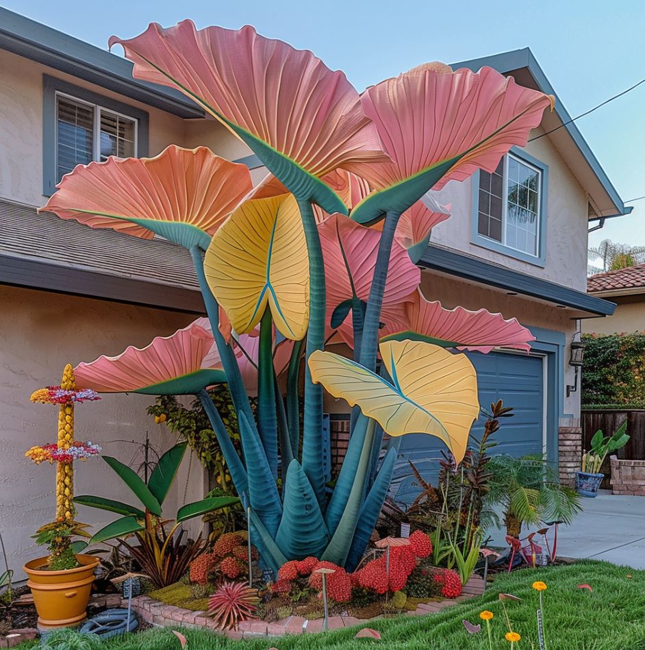 Vibrant Elephant Ear Plant with coral, yellow, and teal leaves in a home garden setting