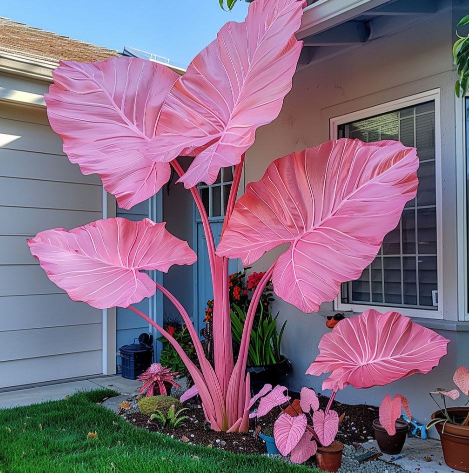 Giant Colocasia plant with vibrant pink leaves in a landscaped front yard